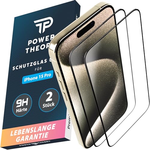 Power Theory Schutzglas für iPhone 15 Pro Schutzfolie, Ultra-Glas Displayschutz Folie mit 9H Glas Bruchfestigkeit, Blasenfreie Anbringung & Schnelle Installation [2 Stück] von Power Theory