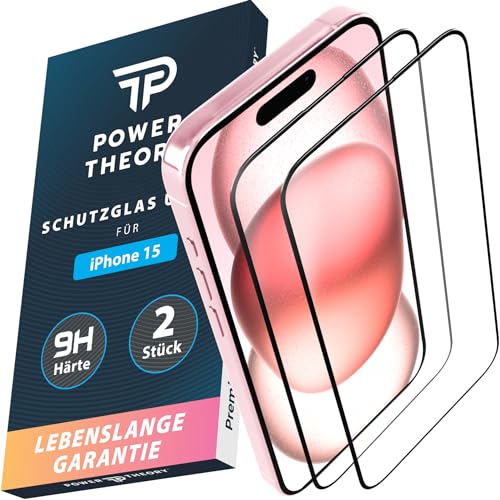 Power Theory Schutzglas für iPhone 15 Schutzfolie, Ultra-Glas Displayschutz Folie mit 9H Glas Bruchfestigkeit, Blasenfreie Anbringung & Schnelle Installation [2 Stück] von Power Theory