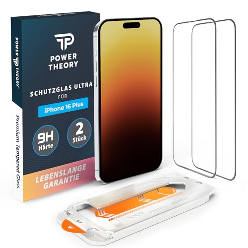 Power Theory Schutzglas für iPhone 16 Plus Schutzfolie, Ultra-Glas Displayschutz Folie mit 9H Glas Bruchfestigkeit, Blasenfreie Anbringung & Schnelle Installation [2 Stück] von Power Theory