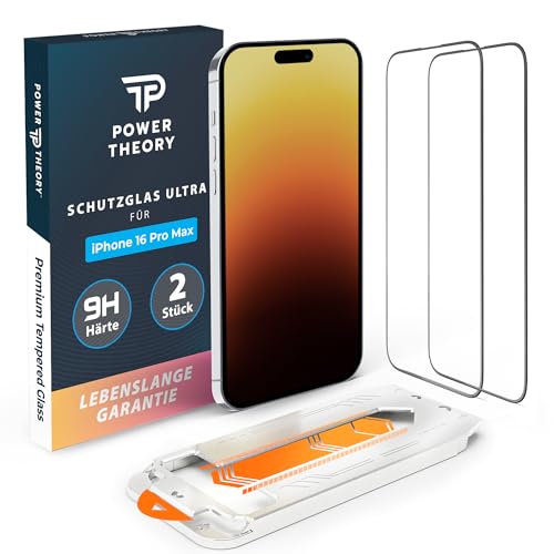 Power Theory Schutzglas für iPhone 16 Pro Max Schutzfolie, Ultra-Glas Displayschutz Folie mit 9H Glas Bruchfestigkeit, Blasenfreie Anbringung & Schnelle Installation [2 Stück] von Power Theory