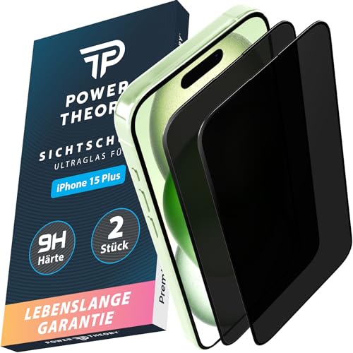 Power Theory Sichtschutz für iPhone 15 Plus Sichtschutz, Ultra-Glas Displayschutz Folie mit 9H Glas Bruchfestigkeit, Blasenfreie Anbringung & Schnelle Installation [2 Stück] von Power Theory