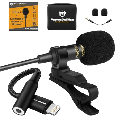 Professionelles Lavalier-Mikrofon mit Adapter, kompatibel mit iPhone, Ansteckmikrofon für iPhone X 11 12 13 14 Pro – iPhone kompatibles externes Mikrofon – iPhone XR, XS, XS Max Videomikrofon von PowerDeWise