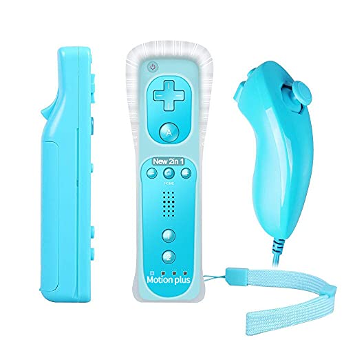 Controller für Nintendo Wii, PowerLead Motion Plus Remote Controller für Nintendo Wii und Wii U Konsole, Eingebauter Motion Plus Remote und Nunchuck Controller mit Silicon Case, Blau von PowerLead