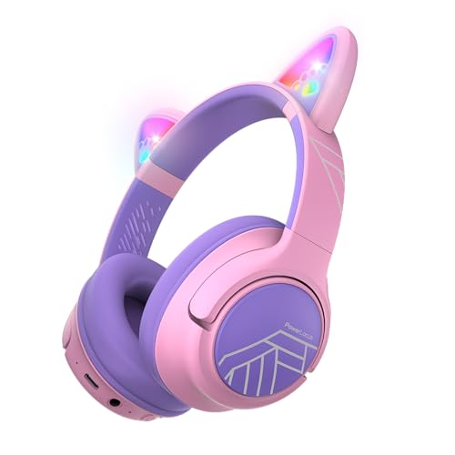 PowerLocus Bluetooth Kopfhörer Kinder, Kinderkopfhörer Over Ear mit 74/85/94dB Lautstärkebegrenzung, LED-Leuchten, Kabellos & Aux-Kabel Faltbare Kopfhörer mit Mikrofon (Lila/Rosa) von PowerLocus