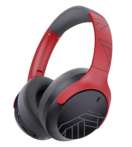 PowerLocus Bluetooth Kopfhörer Over Ear, 60 Std Spielzeit, Kopfhörer Kabellos mit 4 EQ-Modi, Hi-Fi Stereo Faltbare Kopfhörer mit Mikrofon für iPhone/Reisen/Android/Laptops (Grau/Rot) von PowerLocus