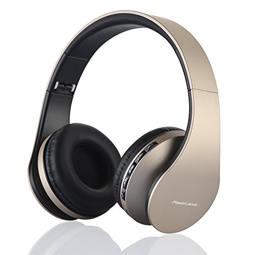 PowerLocus Bluetooth Kopfhörer Over Ear, Kabellose Kopfhörer, HiFi Stereo, Faltbare Kopfhörer mit Mikrofon, weiche Ohrpolster, Micro SD/TF, FM Radio für iPhone/Android/Tablet/Laptop (Gold) von PowerLocus