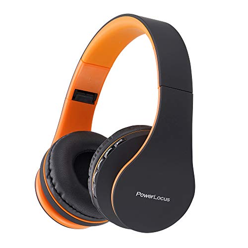 PowerLocus Bluetooth Kopfhörer Over Ear, Kabellose Kopfhörer, HiFi Stereo, Faltbare Kopfhörer mit Mikrofon, weiche Ohrpolster, Micro SD/TF, FM Radio für iPhone/Android/Tablet/Laptop (Orange) von PowerLocus