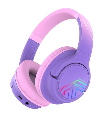 PowerLocus Bobo Bluetooth Kopfhörer Kinder, Kinderkopfhörer Over Ear mit 74/85/94dB Lautstärkebegrenzung, LED-Leuchten, Kabellos & Aux-Kabel Faltbare Kopfhörer mit Mikrofon für Handy/Tablet/Reisen von PowerLocus