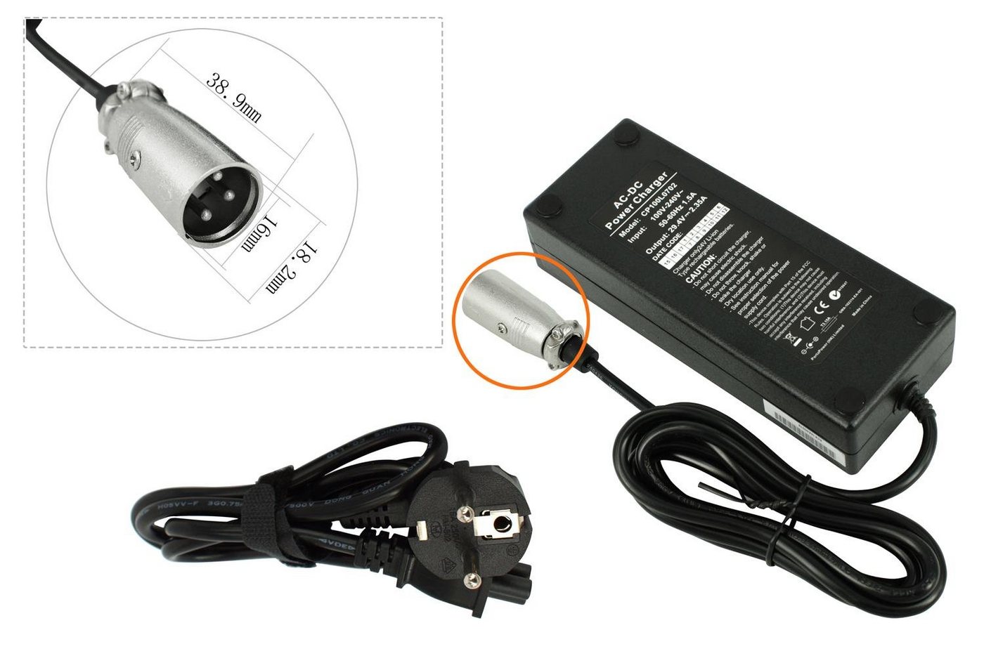 PowerSmart CP100L0702E.003 Batterie-Ladegerät (24V Adapter für E-Bike, CP100L0702, 100-240 V (Eingang) (29,40V Ausgang, 3-PIN XLR) von PowerSmart