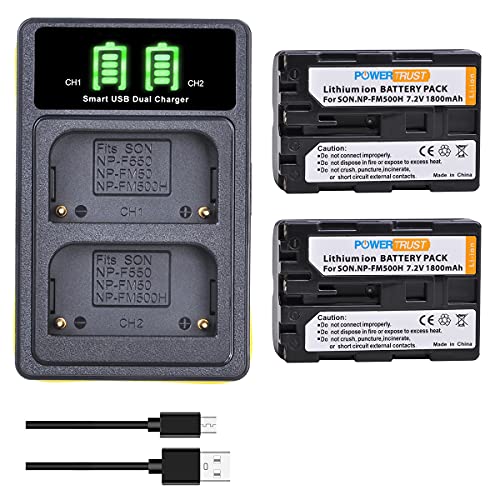 PowerTrust 2-Pack 1800mAh NP-FM500H FM500H Akku und Ladegerät für Sony SLT A99 II A99 A65 A58 α77 II A77V A57 A450 A500 A560 A580 A580 A7900 A200 A300 A350 von PowerTrust