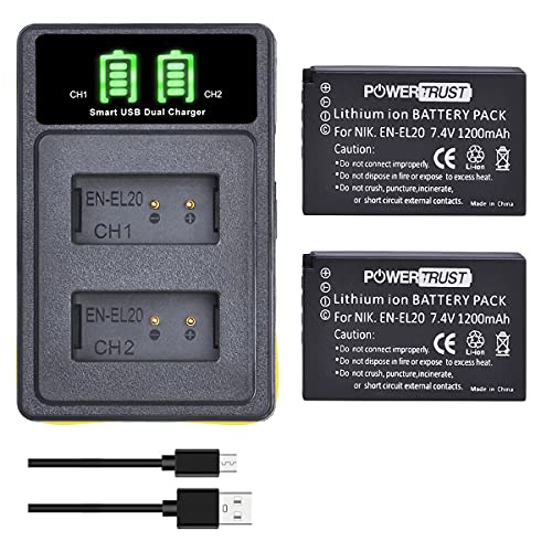 PowerTrust 2Pcs 1200mAh EN-EL20 EN-EL20a Akku mit Ladegerät für Nikon COOLPIX P950, P1000, Coolpix A, 1 V3, 1 AW1, 1 J3, 1 J2, 1 J1 von PowerTrust