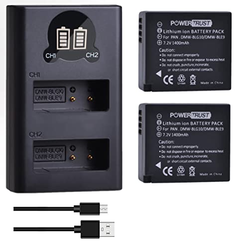 PowerTrust 2 Stück DMW-BLG10 DMW-BLE9 Akku mit Ladegerät für Panasonic Lumix DC-GX9 DMC-GF6 GF5 GX7 LX100 GF3 GX80 GX85 ZS60 TZ80 TZ95 ZS100 TZ100 TZ101 DC-G100 TZ90 ZS70 von PowerTrust