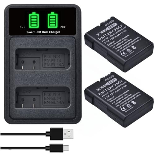PowerTrust 2Pcs EN-EL14A EN-EL14 Akku und Ladegerät für Nikon D3500 D3400 D5600 D5500 Coolpix P8000 D3300 D5300 Df D5200 D3200 von PowerTrust