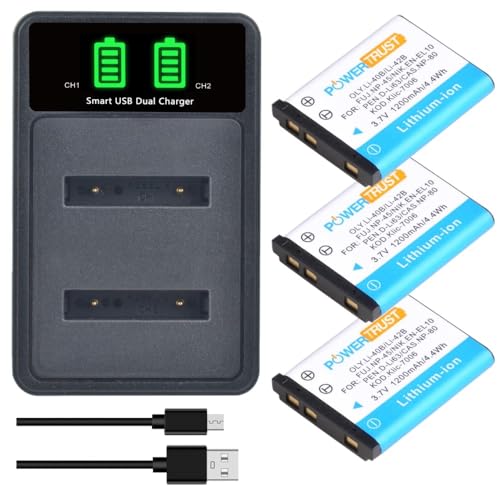 PowerTrust 3Pcs Li-42B NP-45 EN-EL10 Li-40B Akku und Ladegerät für Olympus FE-3000 TG-310 VG-165 VH-210 VR-310 X-875 VR-320 TG-310 TG-320 VR-330, für FujiFilm XP30 T205 T205 JX350 von PowerTrust
