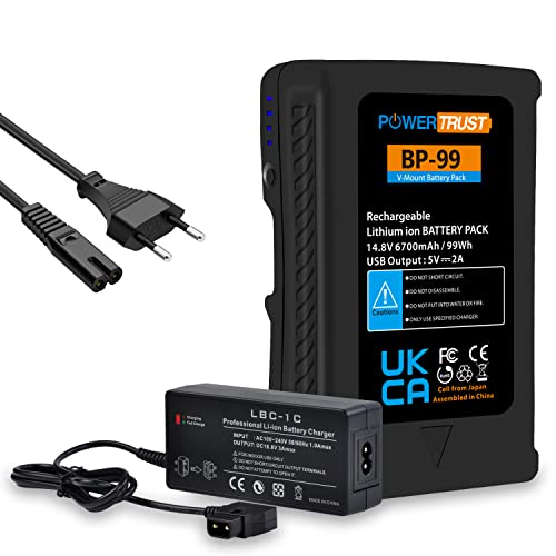 PowerTrust 6700mAh 99Wh V-Mount/V-Lock Akku und D-Tap Adapter Kompatibel mit Sony Videokamera Camcorder Broadcast LED Licht, Monitor, BMCC, DSLR von PowerTrust