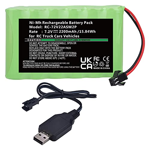 PowerTrust 7.2V 2200mAh NI-Mh AA Akku mit SM-2P 2Pin Stecker und 7.2V USB Ladekabel für RC Truck Cars Fahrzeuge von PowerTrust