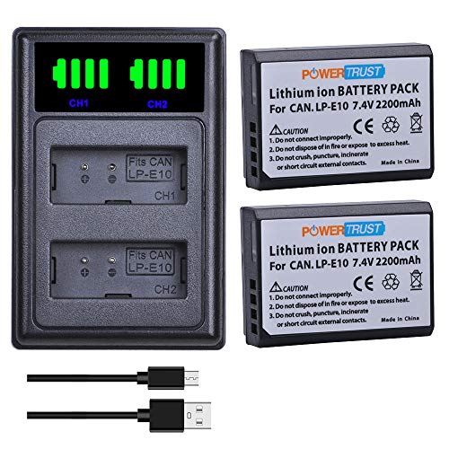 PowerTrust 2pcs LP-E10 LP E10 Akku mit LED Dual Akkuladegerät Kompatibel mit Canon EOS 1100D 1200D 1300D 2000D, 4000D,EOS Rebel T3, T5, T6, Kiss X50, Kiss X70 Digital SLR Camera von PowerTrust