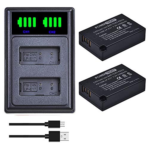 PowerTrust LP-E17 Akku (1300 mAh) + LED LP E17 Ladegerät mit USB und Typ-C Anschluss für Canon EOS 77D, EOS 750D, EOS 760D, EOS 8000D, EOS M3, EOS M5, EOS M6, EOS Rebel T6i, Kiss X8i Kameras, 2 Stück von PowerTrust
