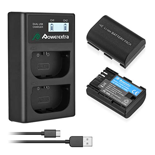 Powerextra 2 Ersatzakkus und Dual-Ladegerät-Set komaptibel mit LP-E6NH für ausgewählte DSLR-Kameras, inklusive EOS R5, R6 und 5D Mark II III 6D 7D 60D 60Da 70D 80D von Powerextra