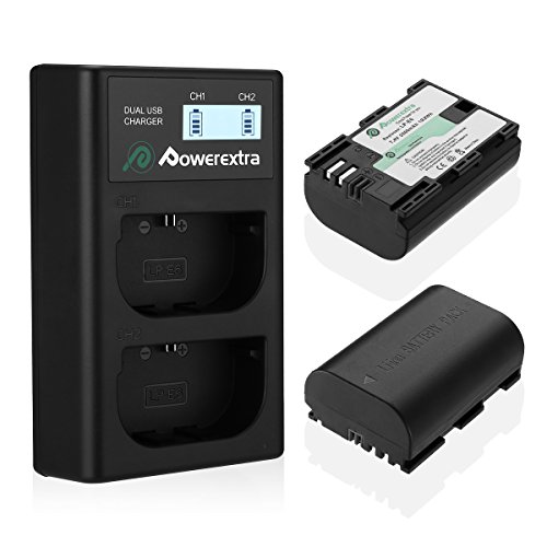 Powerextra 2 Stück Ersatzakku für LP-E6 und LCD Dual Ladegerät passend zu EOS 60D 60Da 70D 80D 5D Mark II III 6D 7D Mark II von Powerextra