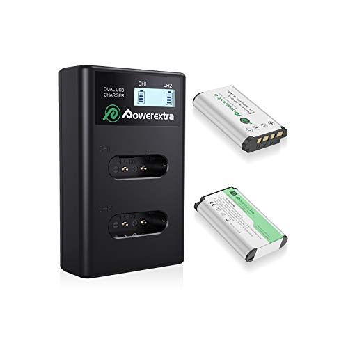 Powerextra 2 Stück Ersatzakku für NP-BX1 und LCD Dual Ladegerät passend zu CyberShot DSC HX90 HX95 HX99 RX100 WX350 HX400V HDR AS100V FDR X1000 X3000 usw von Powerextra