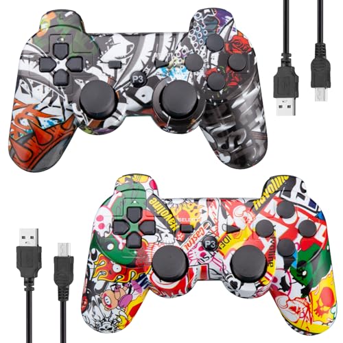 Powerextra 2er Pack PS-3 Controller Wireless Bluetooth PS-3 Hochleistungs Wireless-Double-Shock-Controller für Play-Station 3-Spielekonsole für Double-Shock-Game-Konsole mit Ladekabel von Powerextra