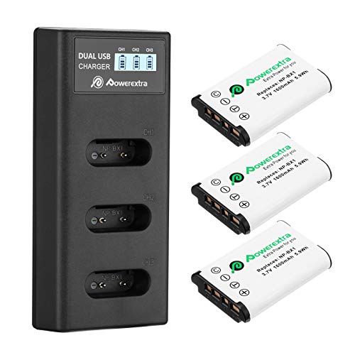 Powerextra 3 Stück Ersatzakku für NP-BX1 und LCD 3-Fach Ladegerät passend zu CyberShot DSC HX90 HX95 HX99 RX100 WX350 HX400V HDR AS100V FDR X1000 X3000 usw von Powerextra