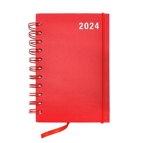 Tagebuch 2024 - Tagesplaner 2024 mit Ringen Format 10,5 x 15,5 cm - Hardcover - Vertikaler Taschenkalender, Kalender, Planer, Maßkonverter (2024 Rot) von Powersell