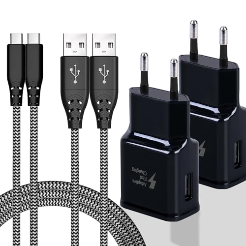 (2er Pack) USB Ladegerät Stecker mit 2M Ladekabel Nylon Für Samsung Galaxy S21 FE, S20 Plus, S10+, S9, S8, Note 10, 9, 8, Z Filp3/4, A54, A53, A52, A51, A16, A15, A14, M40, M54, M53, Netzteil USB C von Powersky
