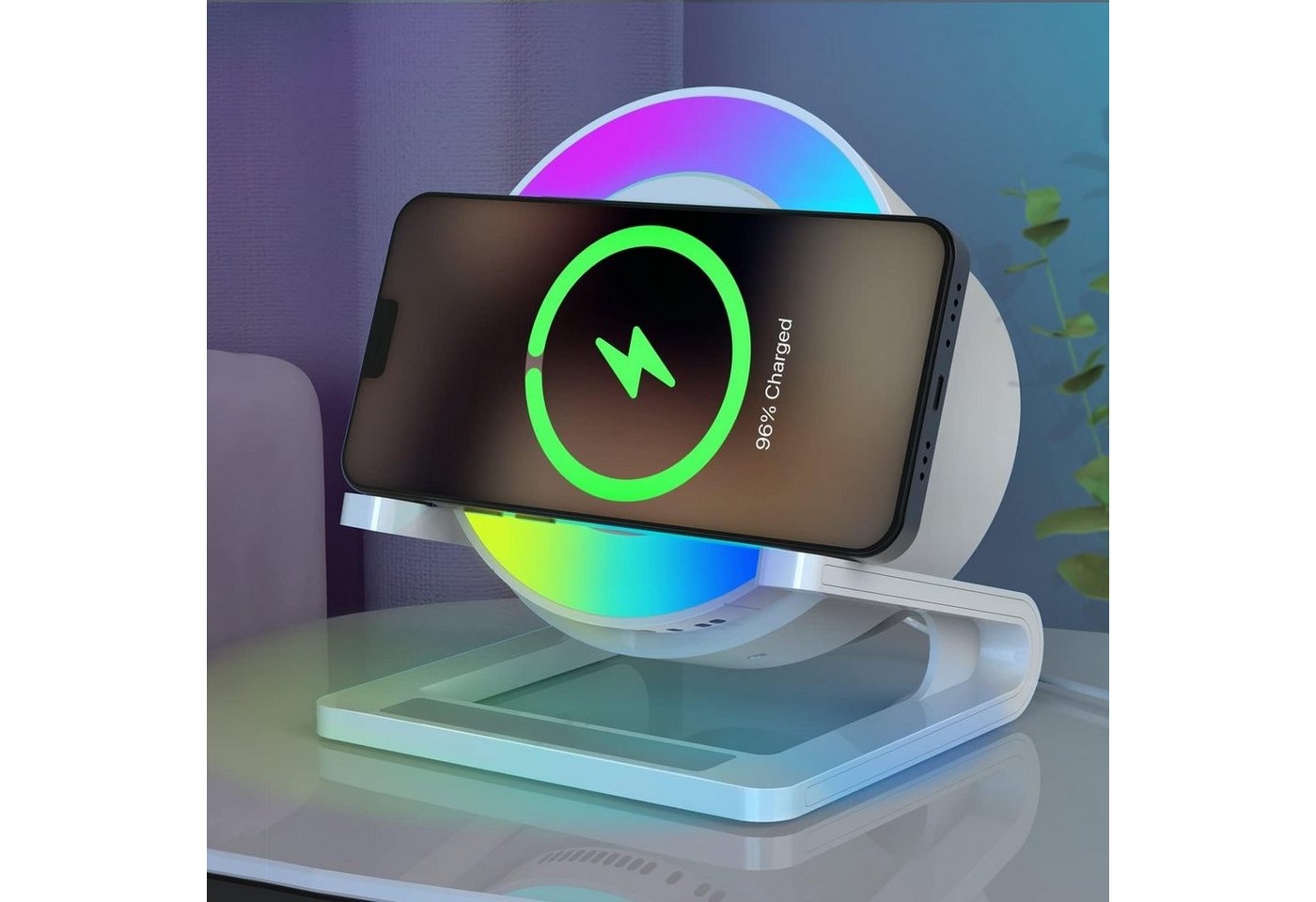 Powerwill Kabelloses Ladestation 5 in 1 Induktive Ladegerät Wireless Charger Wireless Charger (LED Nachttischlampe mit Ladefunktion 15W Wireless Charger, Touch Dimmbar Nachttischlampe mit Gibt 5 Lichtmodi, Musikbox & Induktive Ladestation) von Powerwill