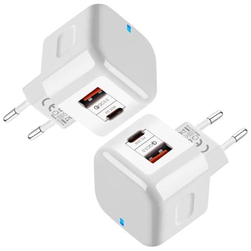 Powice 2X 20W USB C Ladegerät,PD+QC 3.0 2-Port USB Ladegerät Mit Ladekontrollleuchte,Ladegerät USB C Mit einem USB und einem USBC Anschluss,Netzteil für iPhone 16/15/14/13 12 11 SE XS XR 8 7, Weiß von Powice