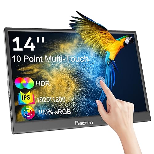 14 Zoll Portable Monitor Touchscreen, HDR, 400cd/m², 100% sRGB, Kickstand & Lautsprecher, IPS 1920x1200 HDMI USBC Externer Tragbarer Touchscreen Bildschirm für Laptop PC Telefon Mac Xbox von Prechen