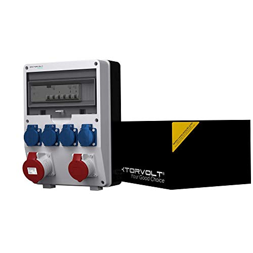 Doktorvolt Baustromverteiler, Stromverteiler TD-S/FI Mennekes Steckdosen Schuko 4x230V 32A 16A 400V, Siemens Fi-Schalter 40A 30mA 4P, Stromverteiler Außenbereich mit CEE Steckdosen-Kombination von Preis-Zone