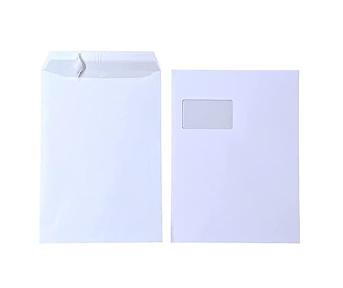 100x Versandtasche C4 A4 weiß mit Fenster, selbstklebend mit Abziehstreifen, mit grauen Innendruck, 120 g/qm, Maße 229 x 324 mm Umschläge Kuvert von Premingo