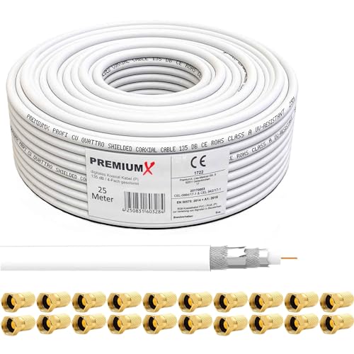 25 Meter PremiumX Deluxe Koaxial Kabel 135dB 4-Fach geschirmt, Innenleiter 1,02mm REINES Kupfer SAT Antennenkabel 25m 135 dB 135 120 25 + 10x F-Stecker 7,5mm in Farbe 'Gold' GRATIS DAZU (0,72EUR/M) von Premium X