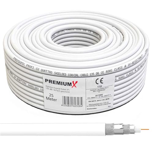 Premium X 25m Profi Koaxialkabel Kupfer 135dB 4-Fach SAT Antennenkabel Koax-Kabel DVB-S / S2 DVB-C DVB-T BK Anlagen Satellitenkabel von Premium X