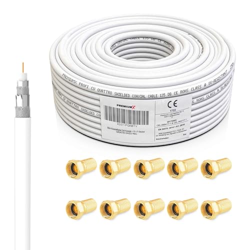 Premium X 50m PROFI Koaxialkabel KUPFER 135dB 4-fach SAT Antennenkabel Koax-Kabel DVB-S / S2 DVB-C DVB-T BK Anlagen Satellitenkabel 10x F-Stecker von Premium X