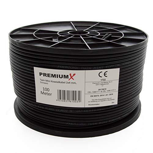 Premium X 100 Meter Sat Koaxial Kabel 90dB Twin Mini 2X 4 mm Schwarz Antennenkabel FullHD HDTV NEU von Premium X