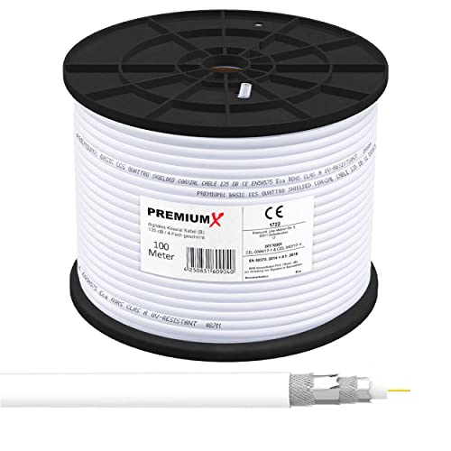Premium X 100m BASIC Koaxialkabel 135dB 4-fach geschirmt CCS Kupfer-Stahl Koaxkabel Antennenkabel Digital SAT TV Kabel RG6 Class A von Premium X