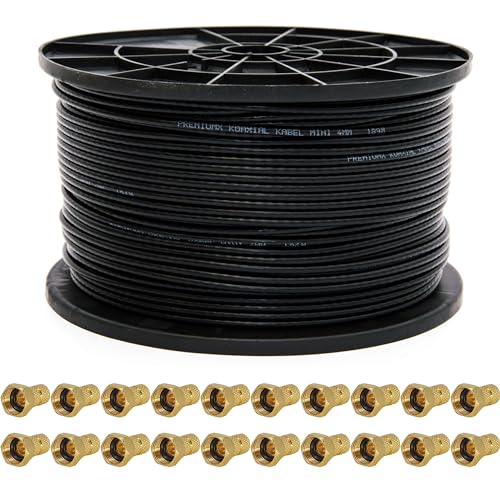 Premium X 100m Sat Koaxial Mini Kabel 90dB 2-Fach geschirmt 4mm Dünnes Antennenkabel FullHD HDTV 3D Schwarz 20x F-Stecker von Premium X