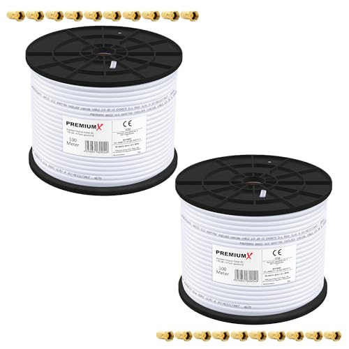 Premium X 200m 2x 100m BASIC Koaxialkabel 135dB 4-fach SAT Antennenkabel Satellitenkabel Koax-Kabel RG6 Digital 20x F-Stecker von Premium X