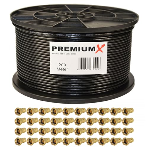 Premium X 200m Sat Koaxial Mini Kabel 90dB 2-Fach geschirmt 4mm Dünnes Antennenkabel FullHD HDTV 3D Schwarz 40x F-Stecker von Premium X