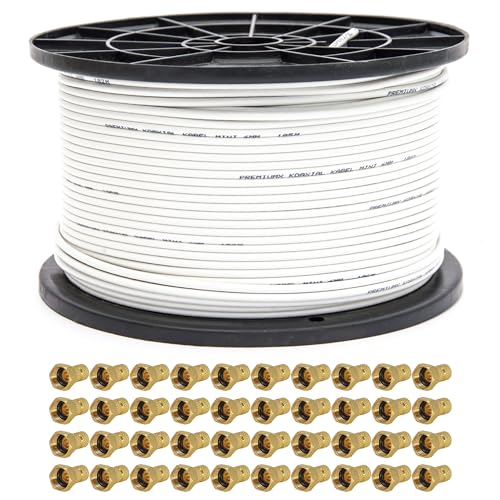 Premium X 200m Sat Koaxial Mini Kabel 90dB 2-Fach geschirmt 4mm Dünnes Antennenkabel FullHD HDTV 3D Weiß 40x F-Stecker von Premium X