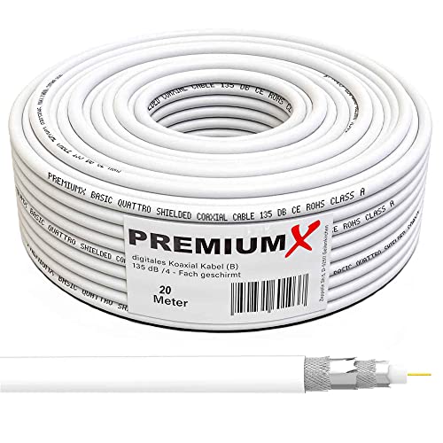 Premium X 20m Basic Koaxialkabel 135dB 4-Fach CCS Kupfer-Stahl Satellitenkabel Koaxkabel Antennenkabel RG6 Digital SAT TV Kabel von Premium X