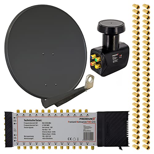 Premium X 24 Teilnehmer SAT-Anlage Satellitenantenne 80cm ALU Anthrazit Multischalter 5/24 Quattro LNB 56x F-Stecker Satelliten-Komplettanlage Premium X 24 Teilnehmer SAT-Anlage Satellitenantenne 80cm ALU Anthrazit Multischalter 5/24 Quattro LNB 56x F-Stecker Satelliten-Komplettanlage von Premium X