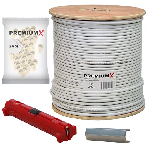 Premium X 250m Basic Koaxialkabel 135dB 4-Fach SAT Antennenkabel Koax-Kabel Montage-Set 24x F-Stecker Premium X 250m Basic Koaxialkabel 135dB 4-Fach SAT Antennenkabel Koax-Kabel Montage-Set 24x F-Stecker von Premium X