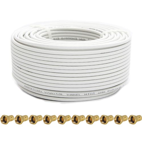 Premium X 25m Sat Koaxial Mini Kabel 90dB 2-Fach geschirmt 4mm Dünnes Antennenkabel FullHD HDTV 3D Weiß 10x F-Stecker von Premium X