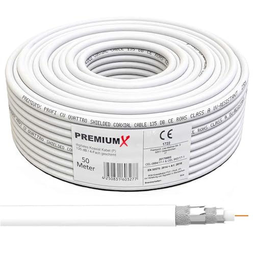 Premium X 50m PROFI Koaxialkabel KUPFER 135dB 4-fach SAT Antennenkabel Koax-Kabel DVB-S / S2 DVB-C DVB-T BK Anlagen Satellitenkabel von Premium X