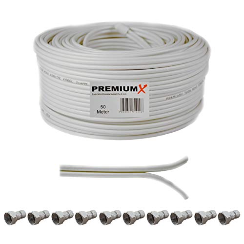 Premium X 50m Sat Koaxial Kabel 90dB Twin Mini 2x 4mm Weiß Antennenkabel extra dünn 4K inkl. 10x F-Stecker (0,52EUR/M) von Premium X