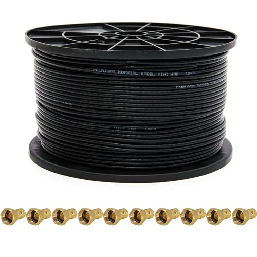 Premium X 50m Sat Koaxial Mini Kabel 90dB 2-Fach geschirmt 4mm Dünnes Antennenkabel FullHD HDTV 3D Schwarz 10x F-Stecker von Premium X